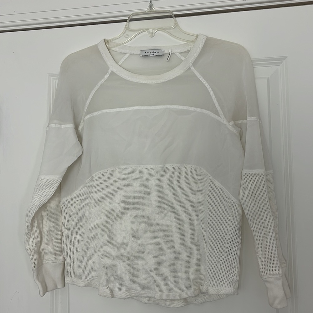 Sandro Sheer Mesh Net Mixed Media Top 1 Small Long Sleeve Neutral Minimalist